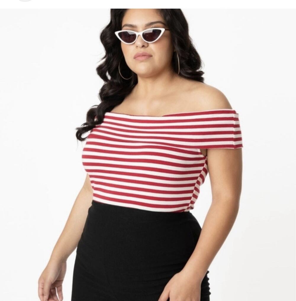 New! Unique Vintage off The Shoulder Imogen Top Red, And White Stripe Women's 5X
